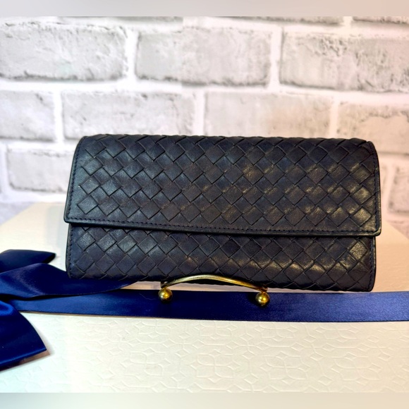 Bottega Veneta Dark Blue Intrecciato Leather Continental Flap Wallet - Picture 1 of 14